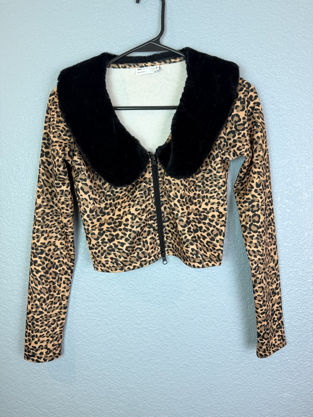 ASOS DESIGN Jacket Womens 4 Brown Leopard Faux Fur Collar Zip Cropped Jersey
